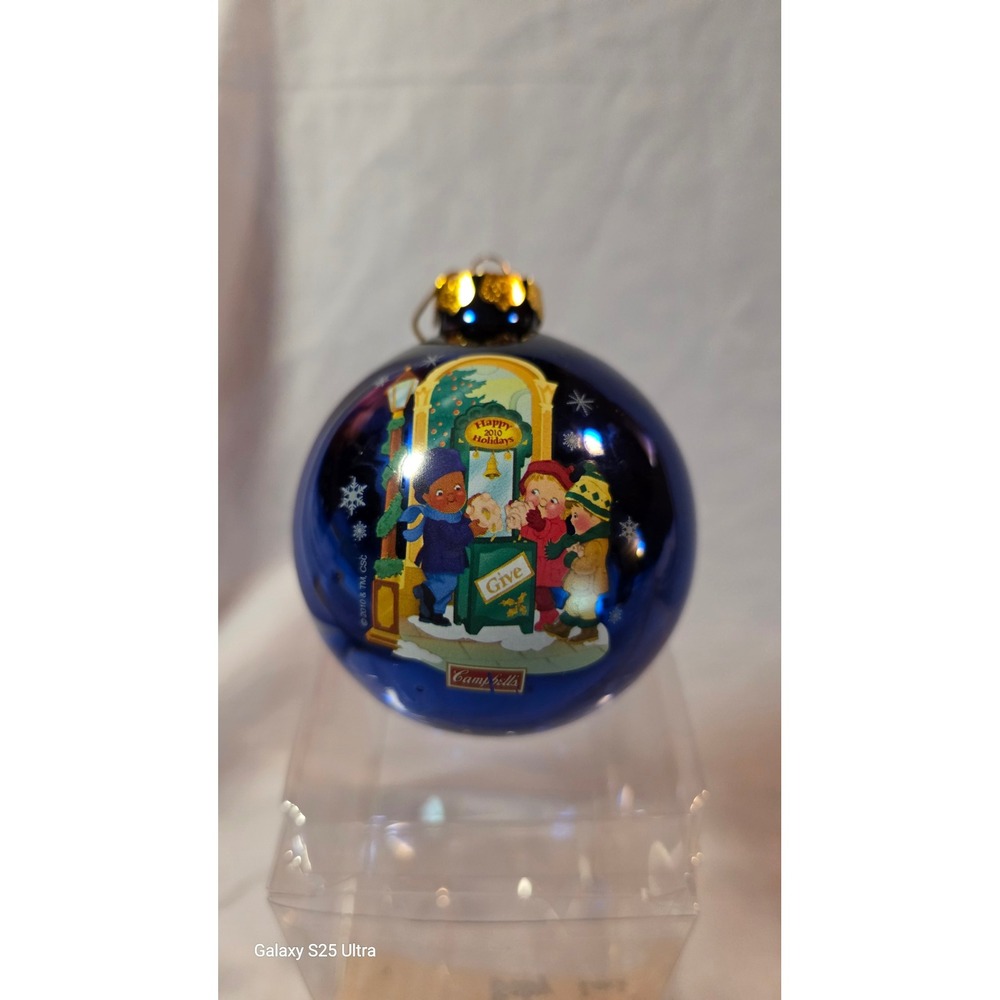 Campbells Soup Kids 2010 Happy Holidays Cobalt Blue Glass Ball Ornament with Box